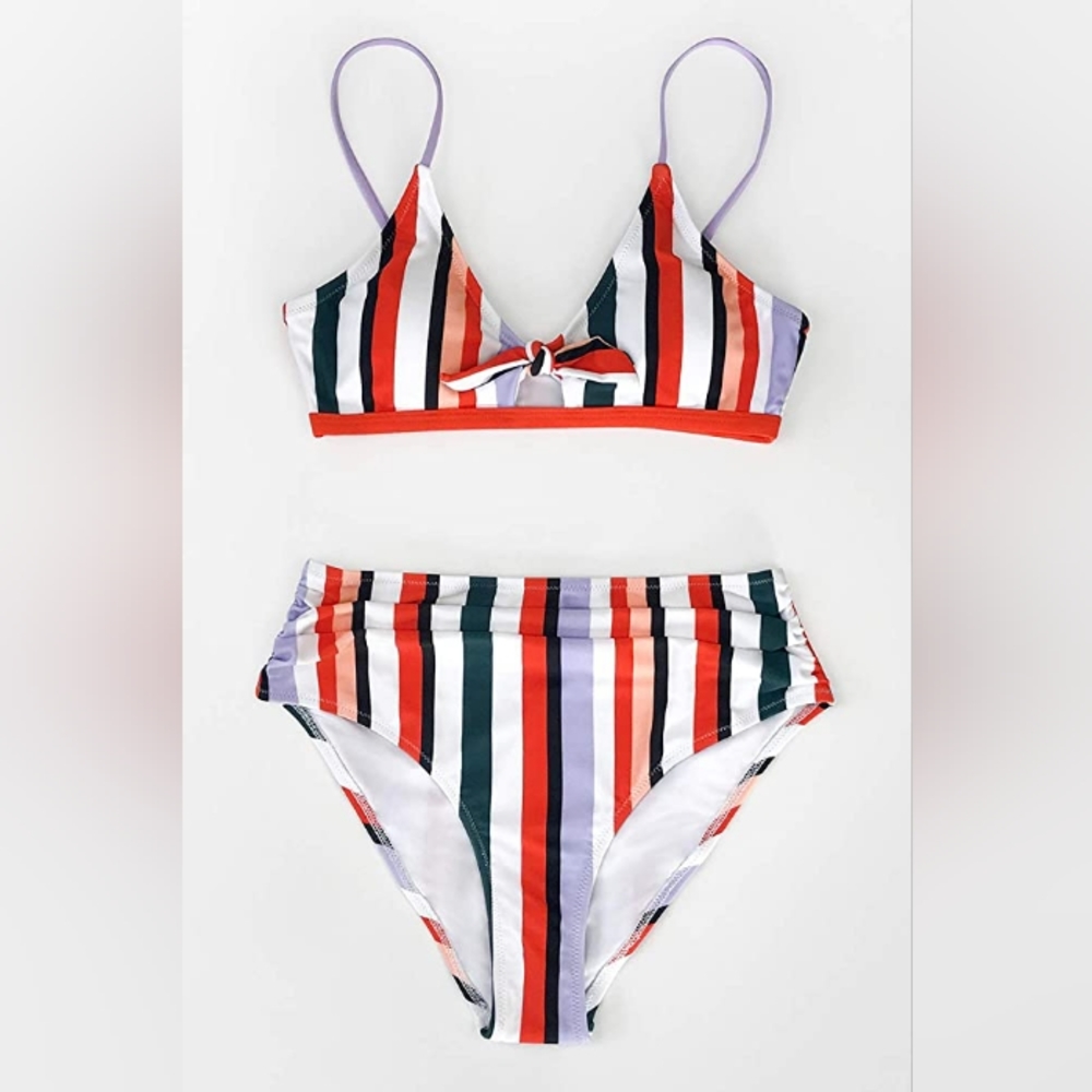 Striped Tie-Front Bikini Set - Multicolor